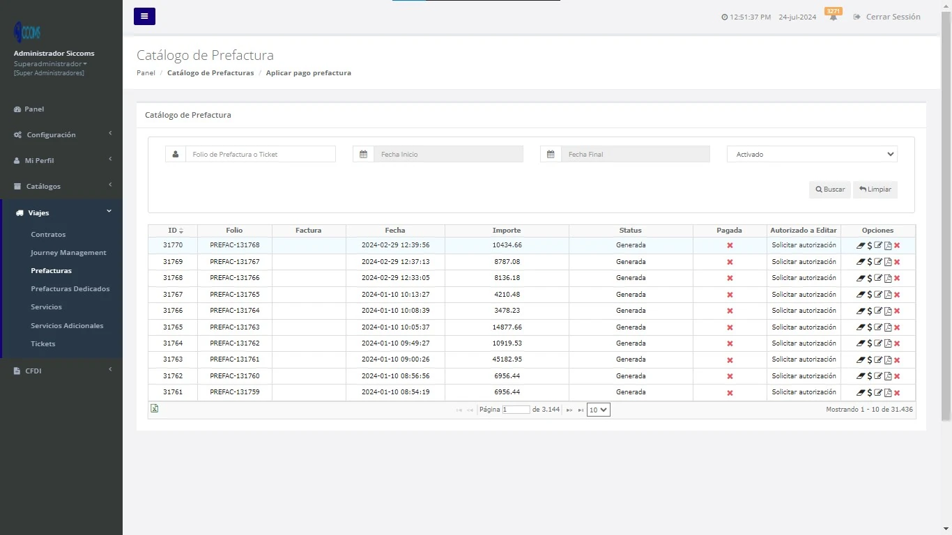Interfaz de prefactura en sistema ERP web